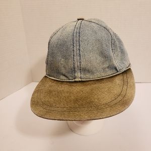 Vintage LUNA PIER Denim Hat Leather Brim Strapback Cap Adult Blue Blank 90s.